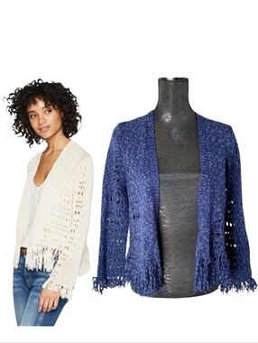 Fringe Knit Cardigan - Open Knit Sweater In Navy Combo By 525 America NWT